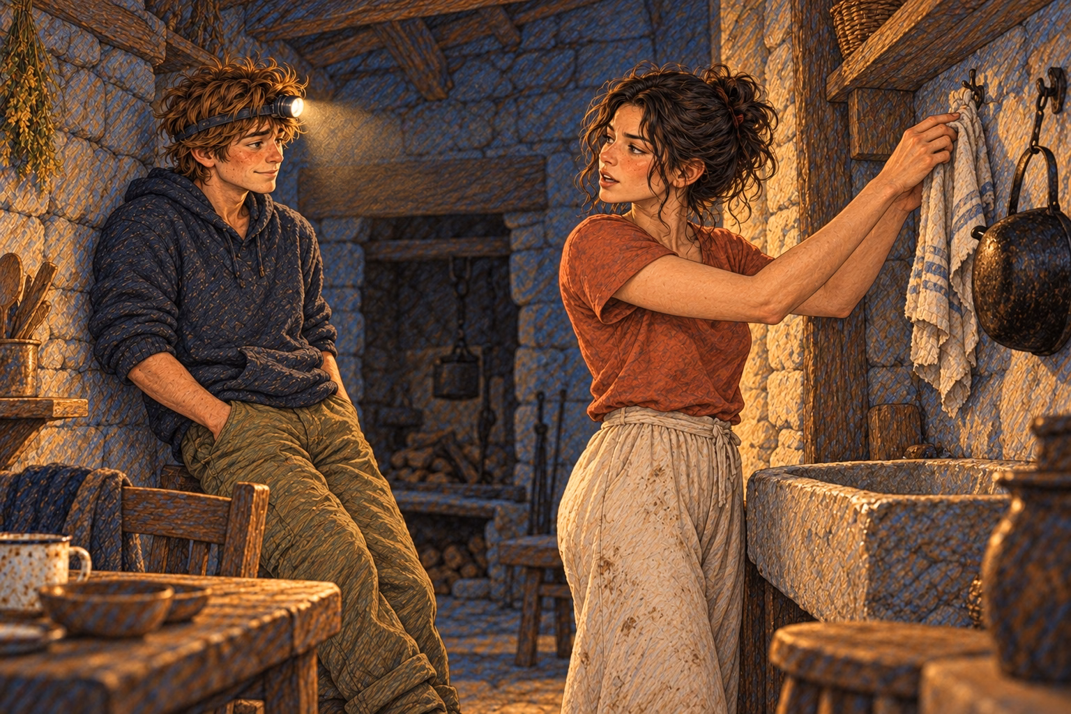 Eva talks about what she saw as a child while Axel listens, leaning against the wall.