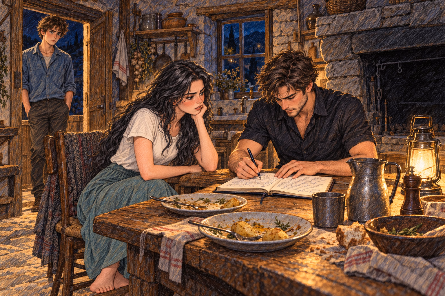 Víctor fills a notebook over dinner as Eva watches and Axel listens from the doorway.