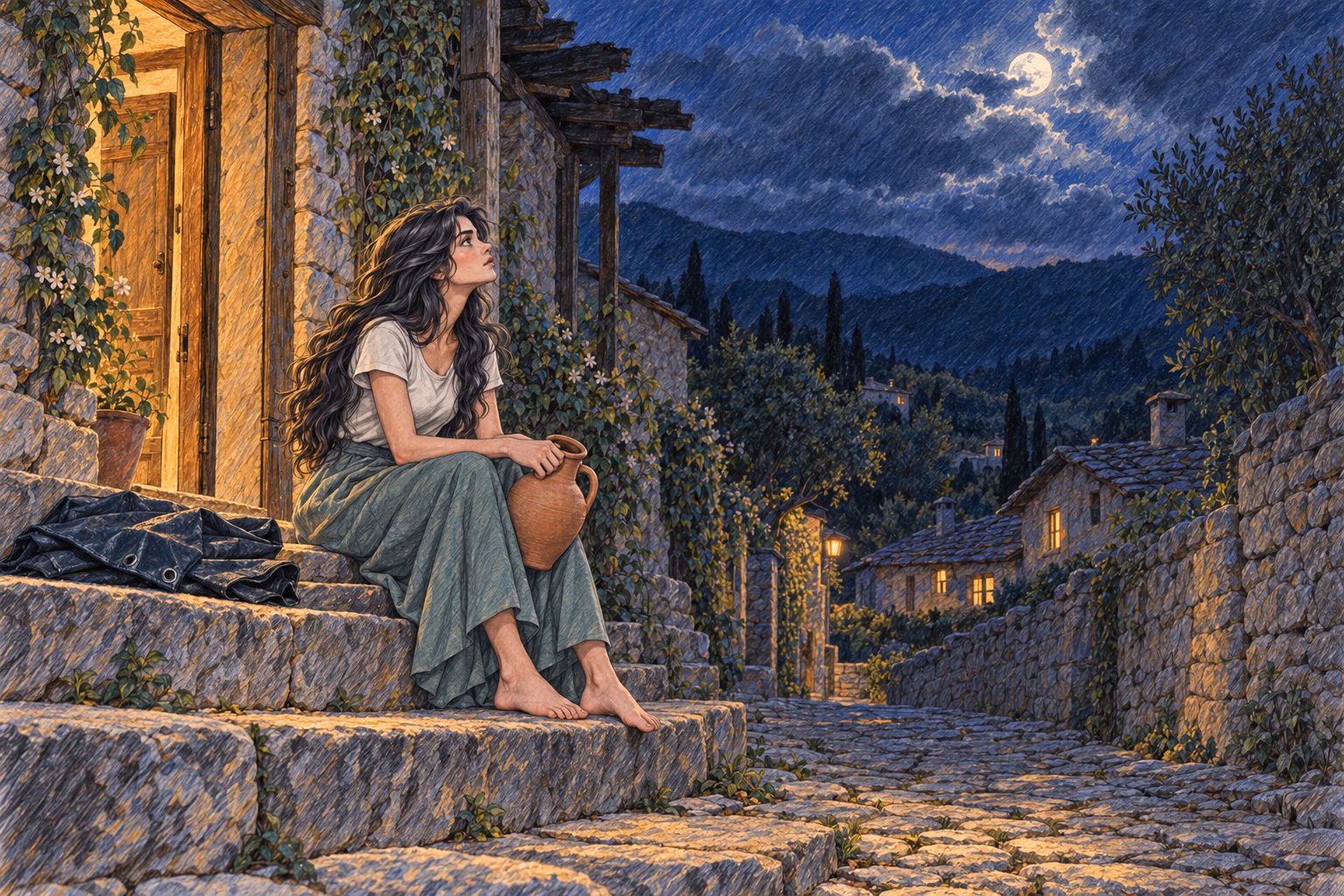 Eva looks at the sky from the doorstep, an empty jug in her hand and the tarpaulin still folded beside her.