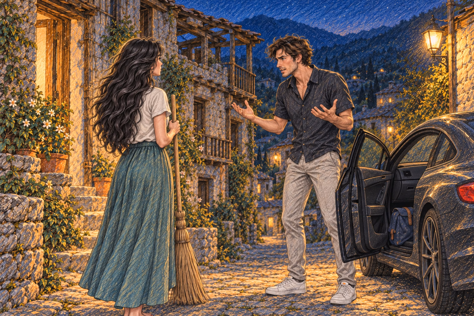 Víctor raises his hands as he argues with Eva beside the car; she holds the broom.