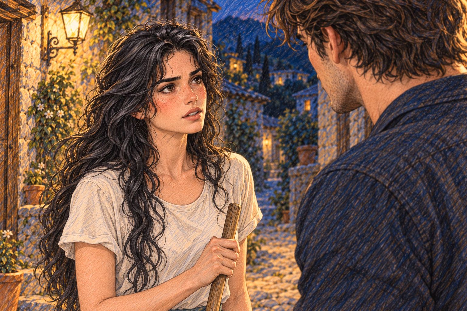 Eva defends her decision to Víctor, her gaze steady and her hands on the broom.