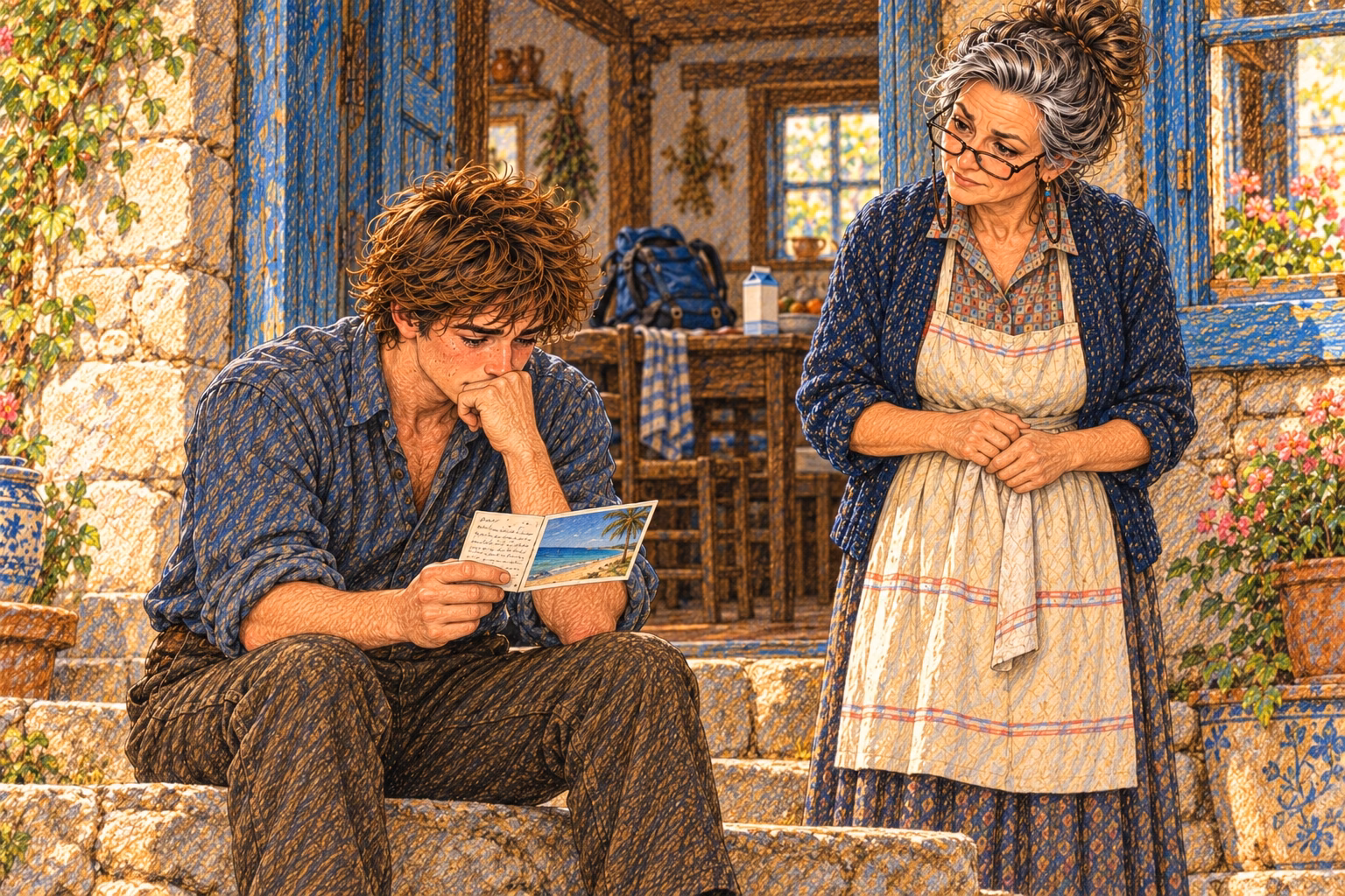 Trini stays beside Axel on the doorstep while he reads a postcard.