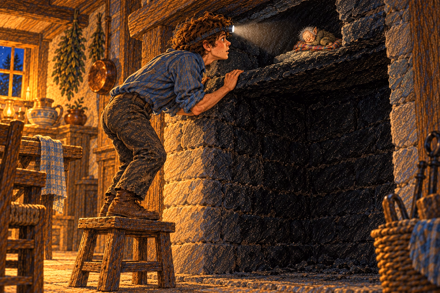Standing on a stool with his headlamp on, Axel talks to tiny Yayo sleeping inside the chimney.