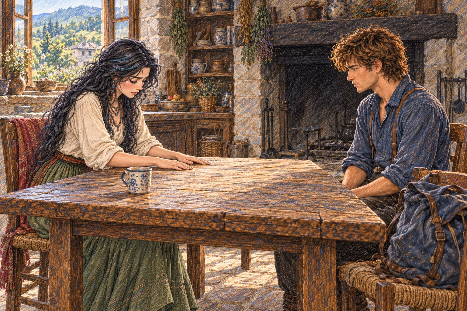 Seated on opposite sides of the table, Eva speaks with her hands still while Axel listens.