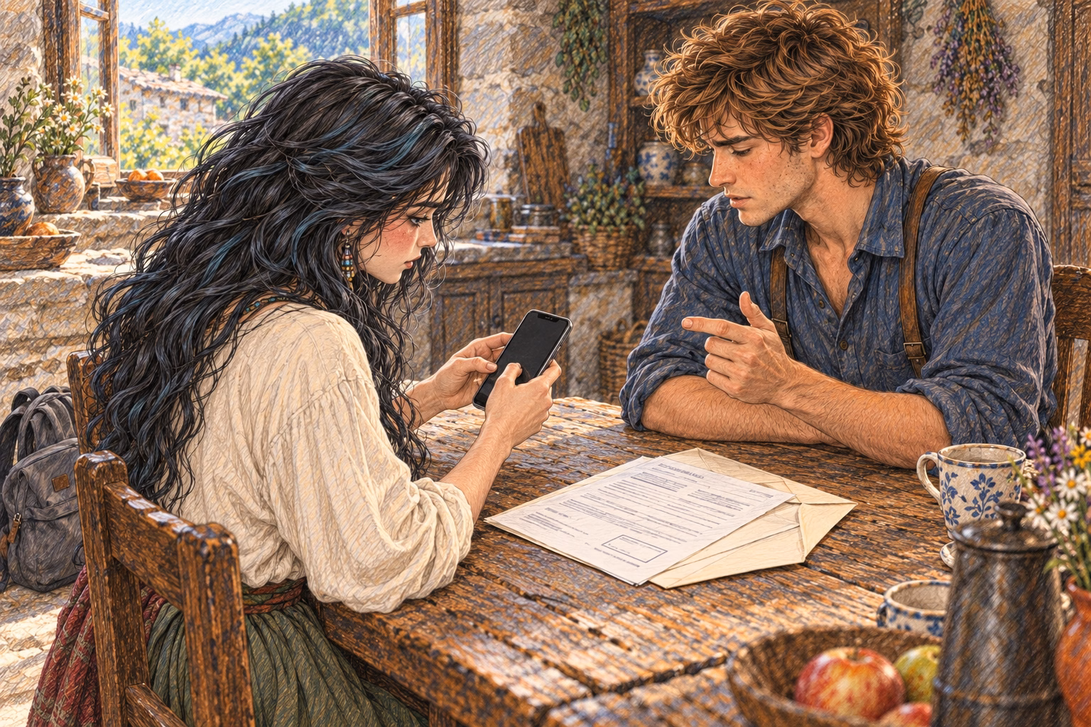 Eva enters her sister’s number on Axel’s phone as he dictates it.
