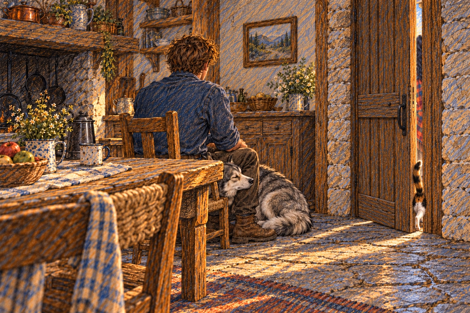 Axel waits with his back to the balcony and Kika leaning against his knee while Eva talks outside.