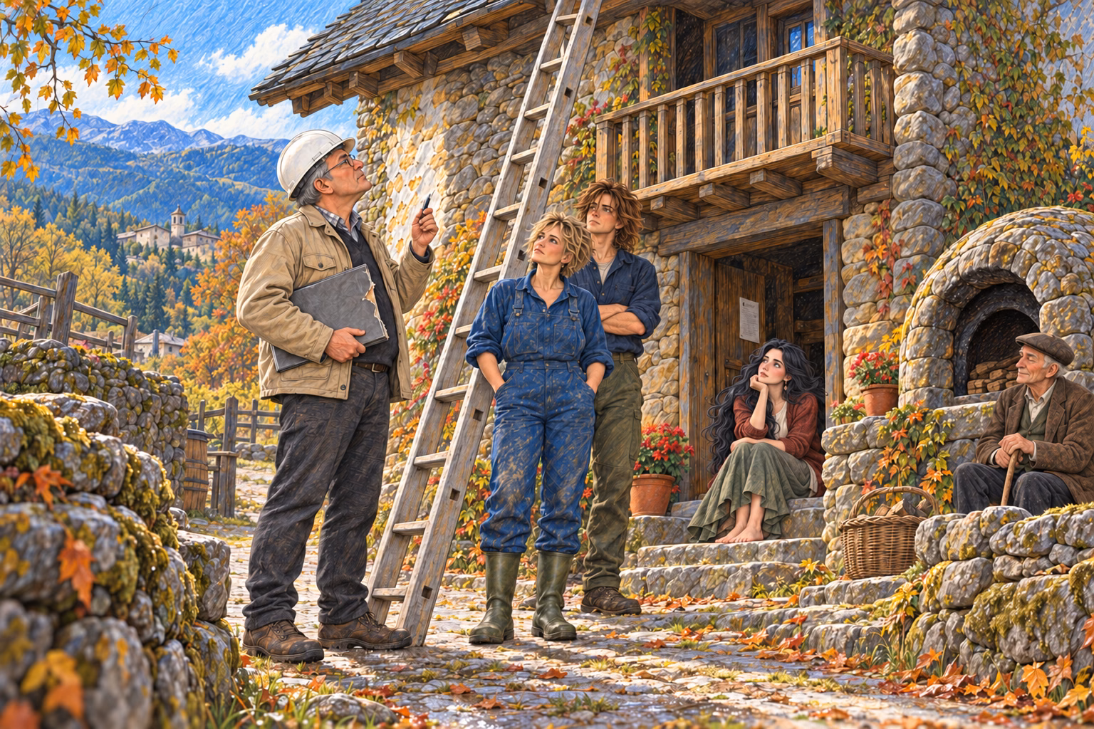 The inspector examines the eaves while Úrsula, Axel and Eva wait.