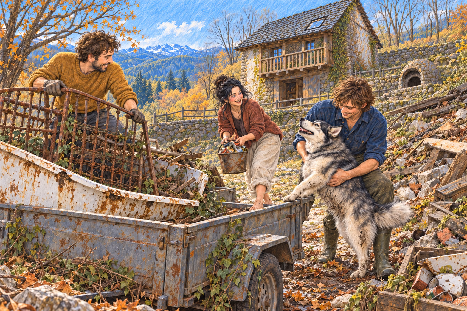 Axel keeps Kika out of the trailer while Eva and their neighbour load the remaining junk.