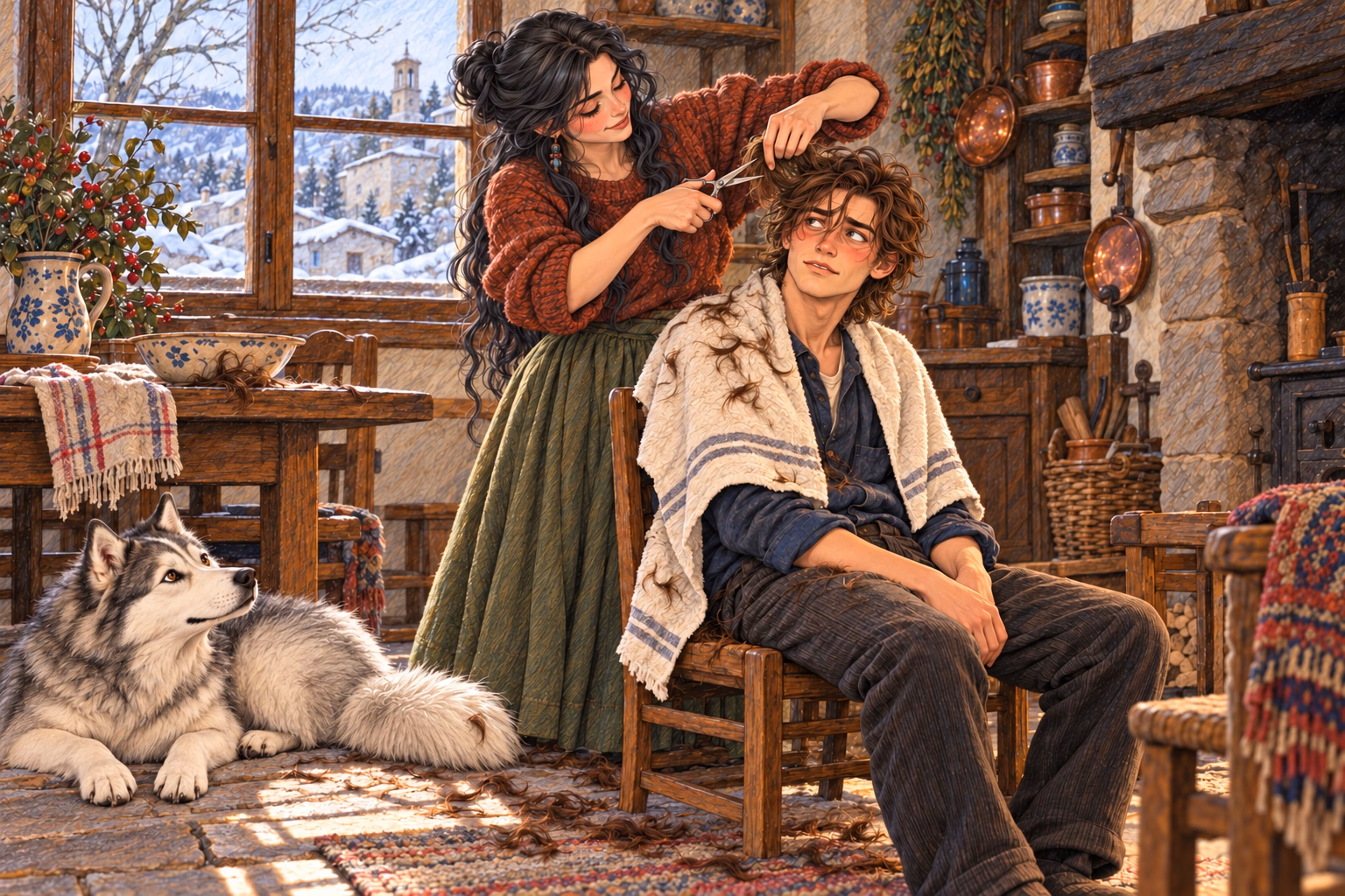 Eva cuts Axel’s hair as he sits in the kitchen with a towel over his shoulders.