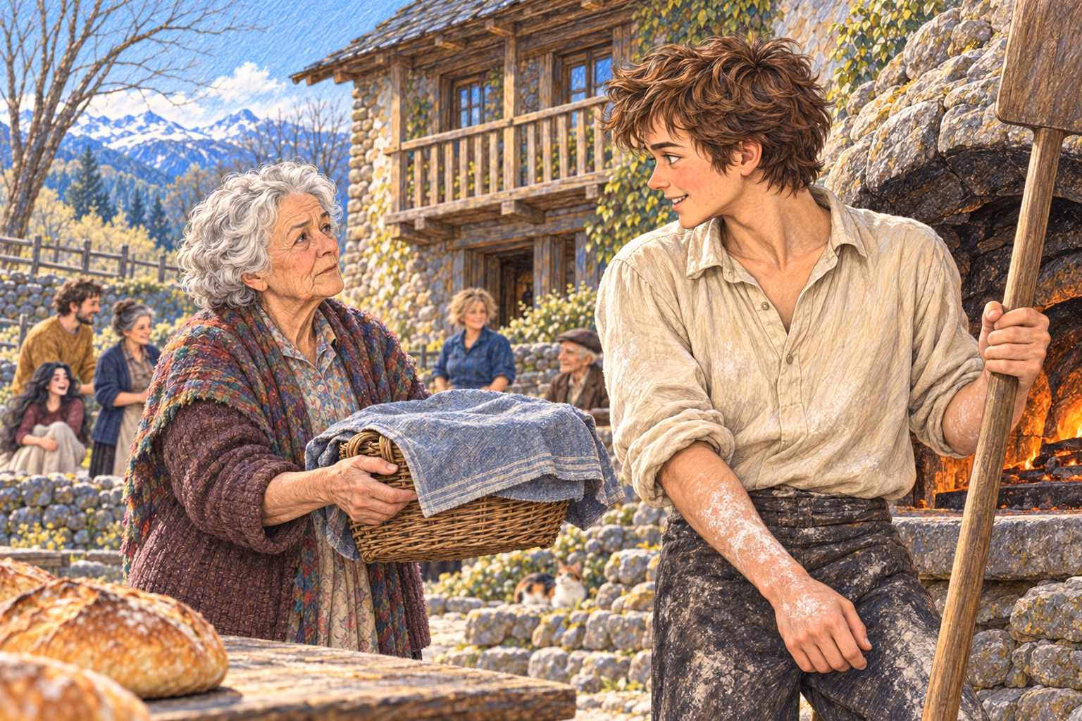 The neighbour from the corner house offers Axel her basket beside the bread oven.